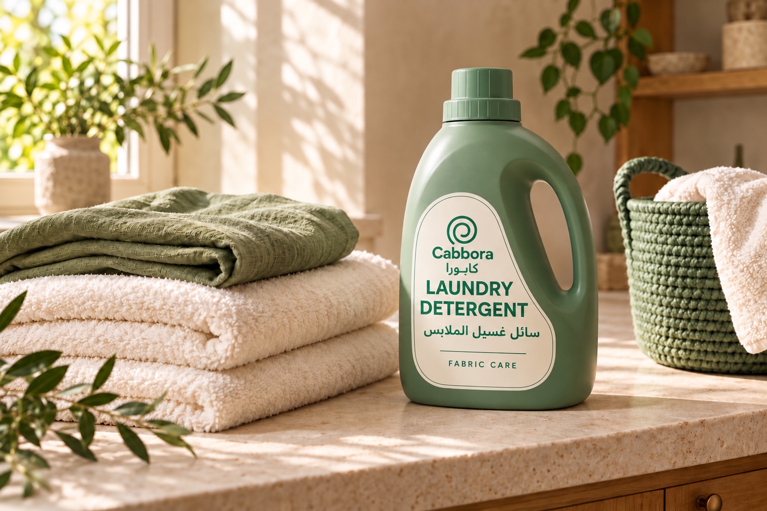 Cabbora laundry packaging concept with folded towels and a green bottle