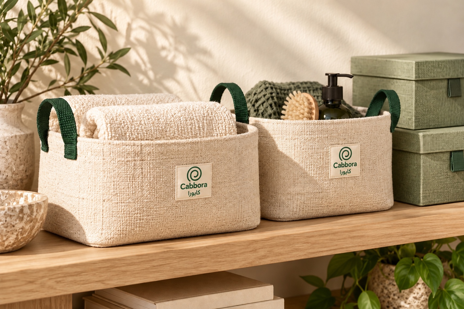 Cabbora storage concept with fabric baskets and sage green boxes